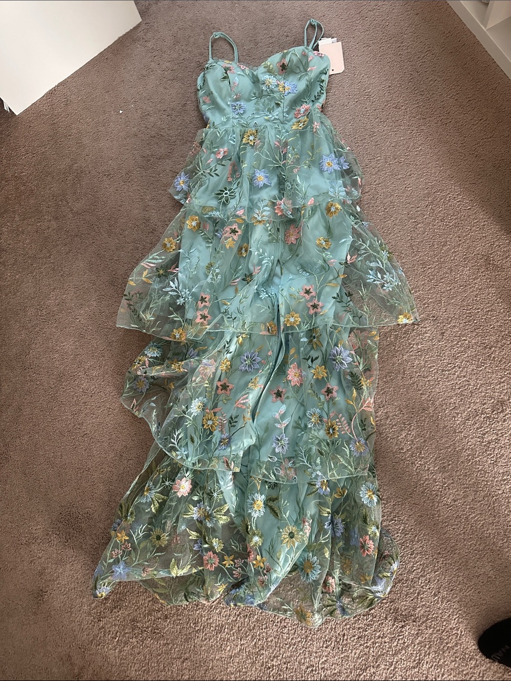 'Floral Tiered Green Embroidered Dress